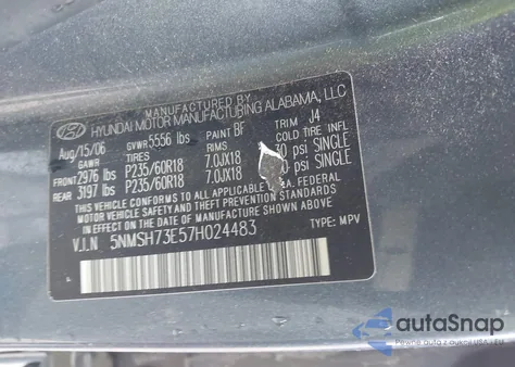 2007 Hyundai Santa Fe Limited/Se из США, поврежденный, VIN 5NMSH73E57H024483